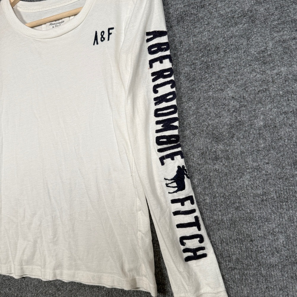 Y2K Abercrombie & Fitch Small T-Shirt White Cotton Logo Crew Neck Long Sleeves - Picture 5 of 10